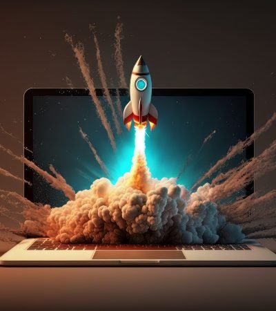 Launching Space Rocket From Laptop Screen. Generative AI